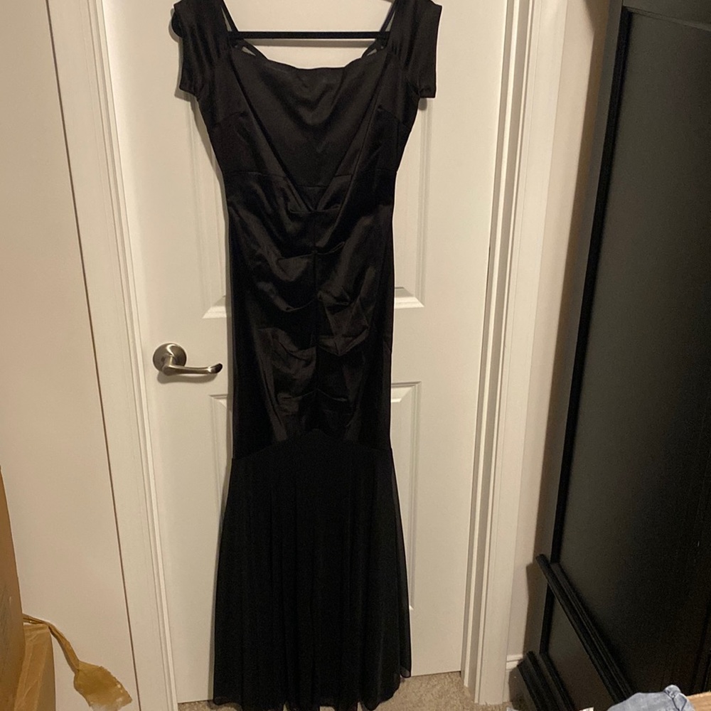Black Satin Pleated Gown with Fishtail Bottom